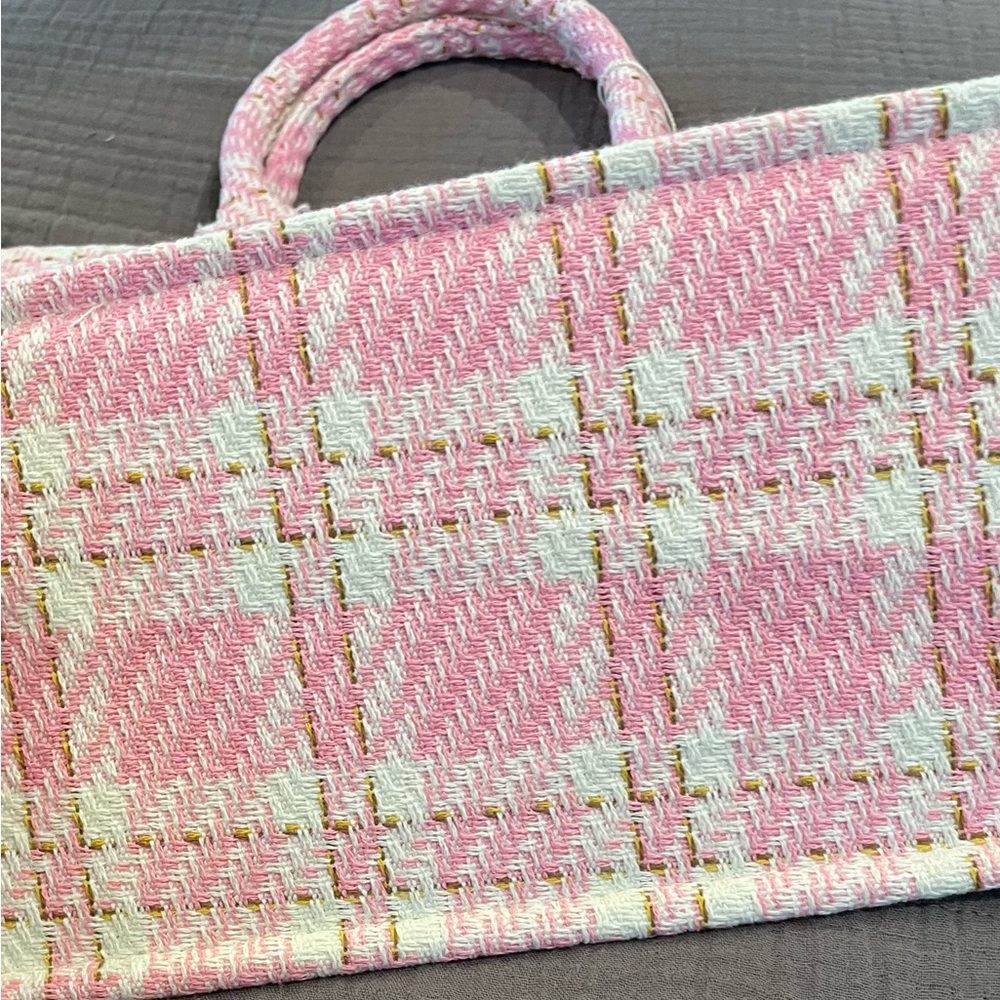 NWT Pink Plaid Structured Tote Bag with Dual Handles
